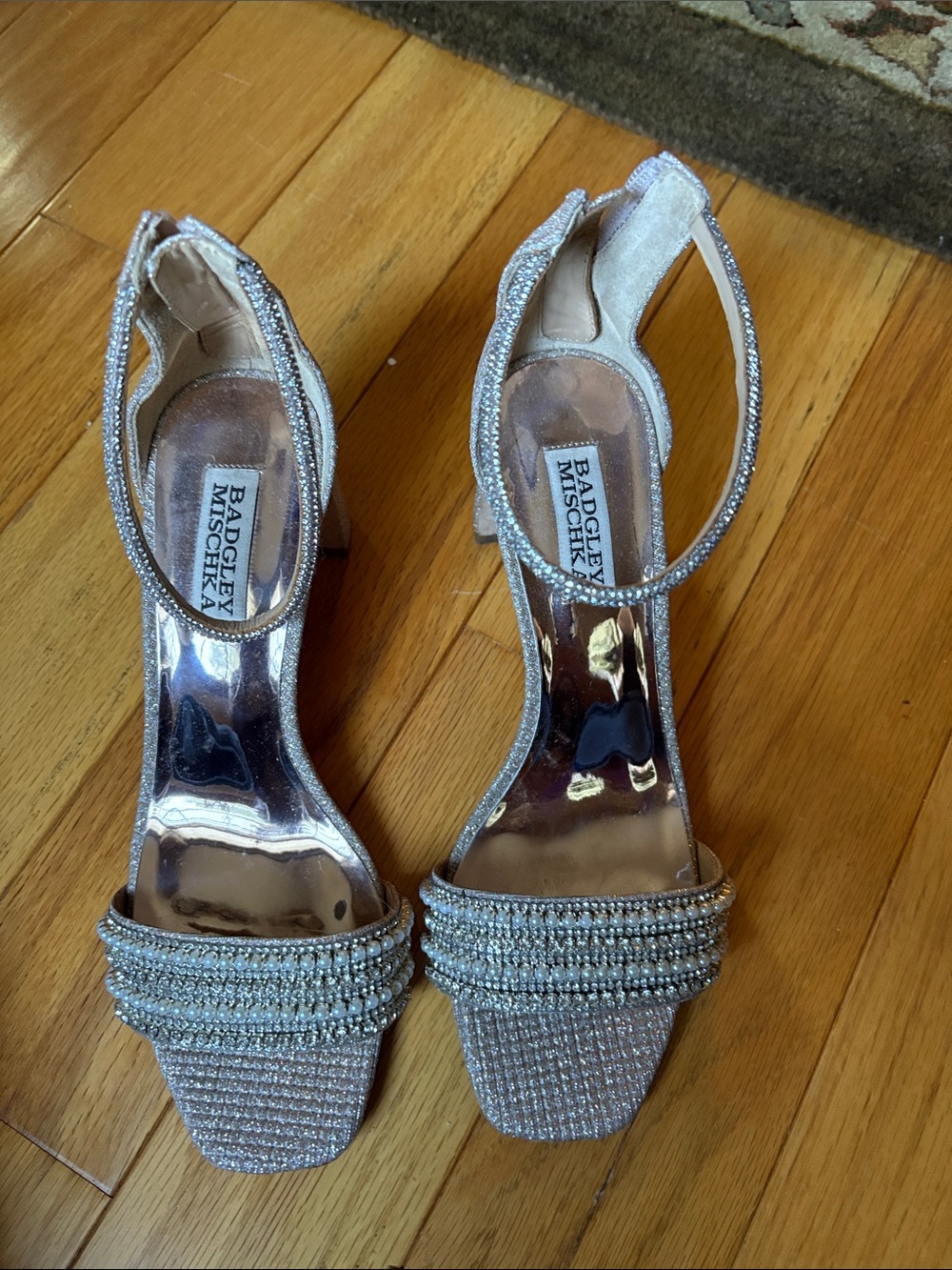 Badgley Mischka Silver Crystal Strap Block Heel